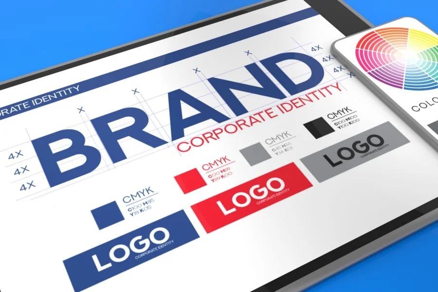 Corporate brand identity guide with logos and colors